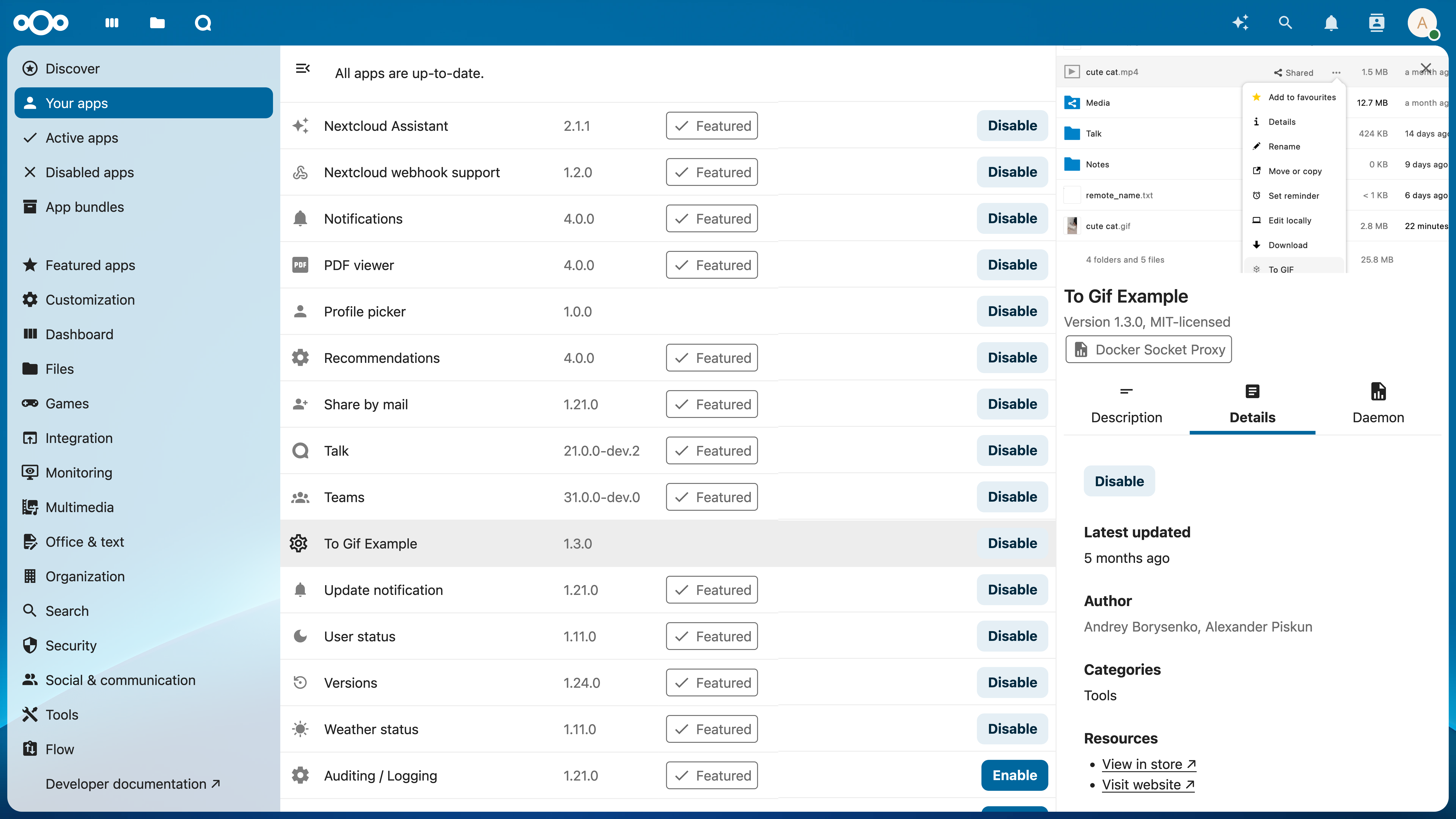 Nextcloud Apps page showing installed ExApps in the Your apps list