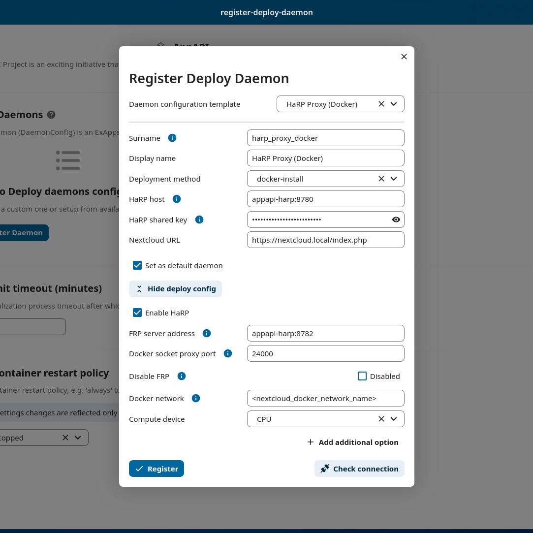 AppAPI admin settings showing registration of HaRP Proxy (Docker) daemon