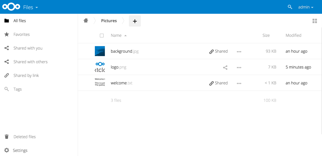 Nextcloud Files page showing default skeleton files visible after first login
