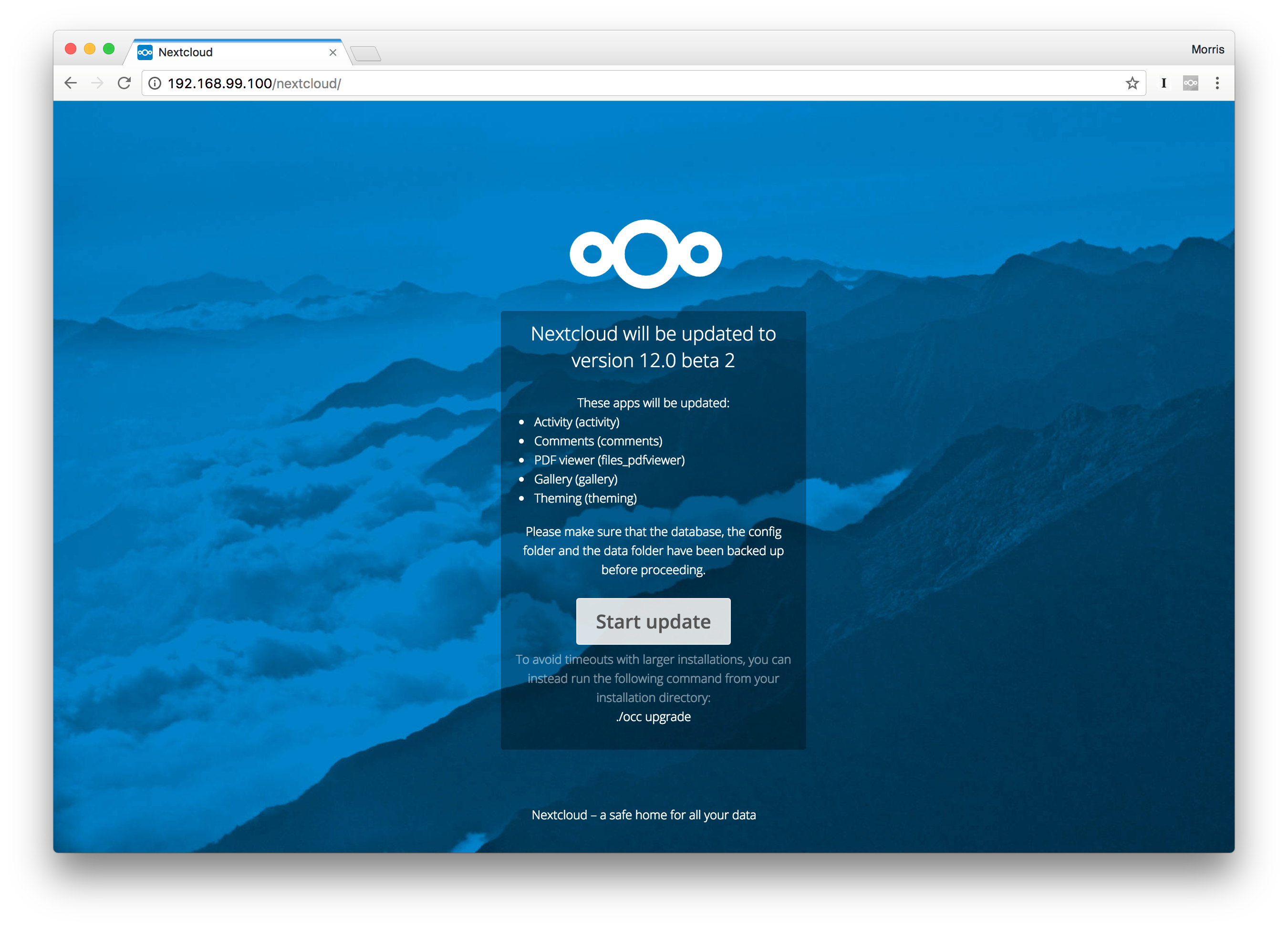 Nextcloud upgrade page displayed after the web updater completes