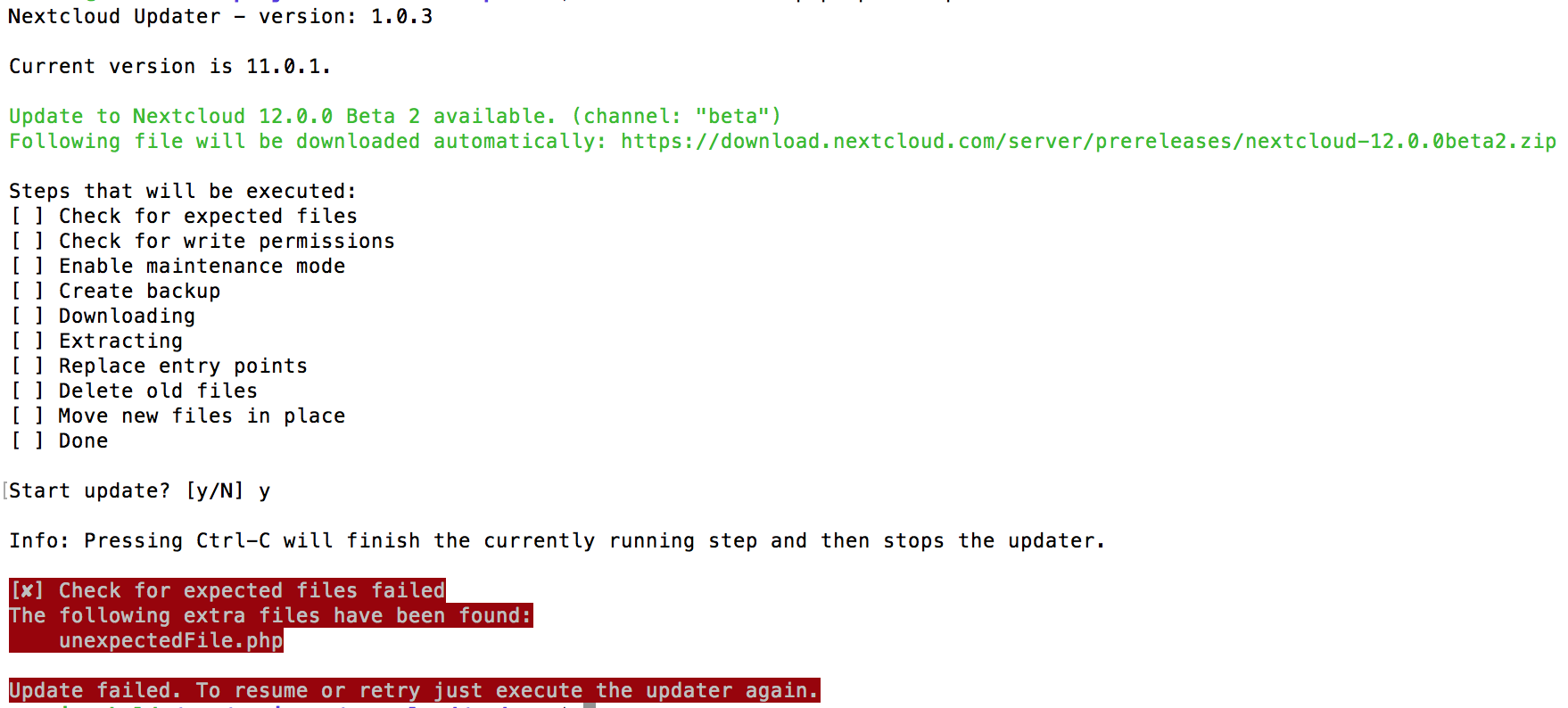 Terminal showing Nextcloud command line updater with a failed step and error feedback
