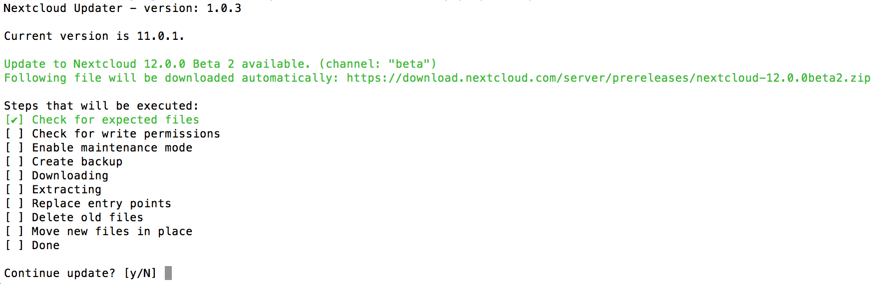 Terminal showing Nextcloud command line updater ready to continue after resolving an error