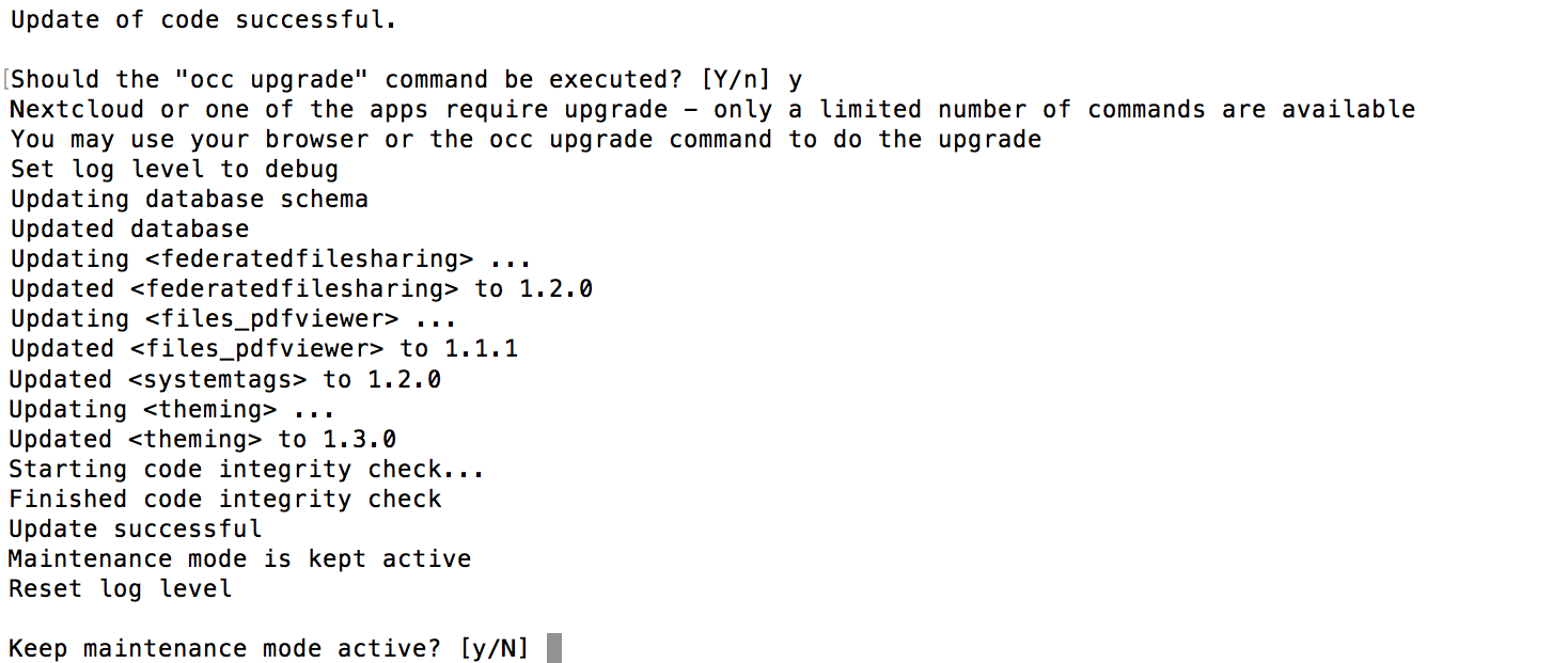 Terminal showing Nextcloud command line updater asking whether to keep maintenance mode active