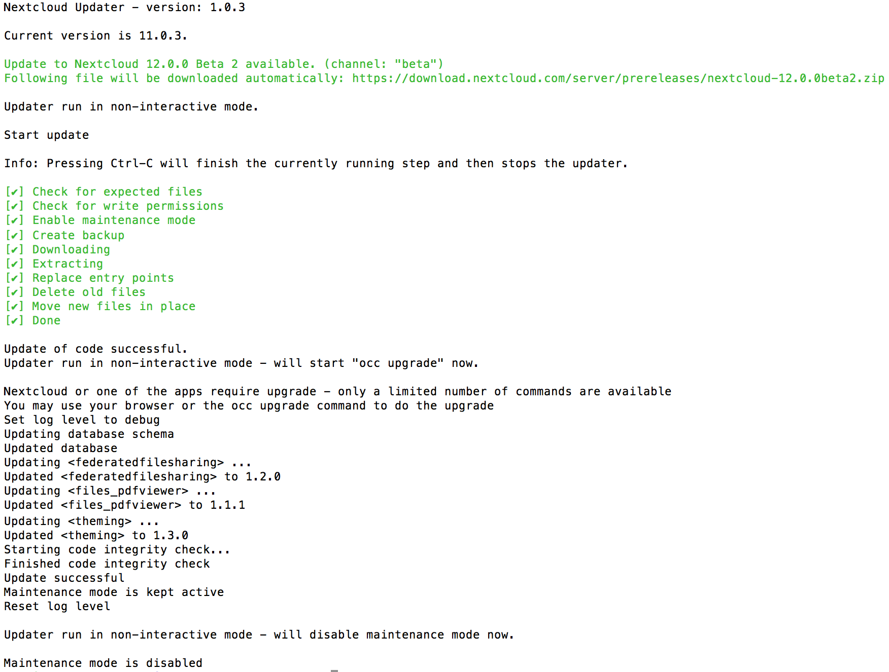 Terminal showing Nextcloud command line updater running in non-interactive batch mode