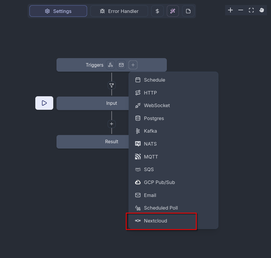 Windmill workflow editor showing the Add Trigger panel with Nextcloud selected