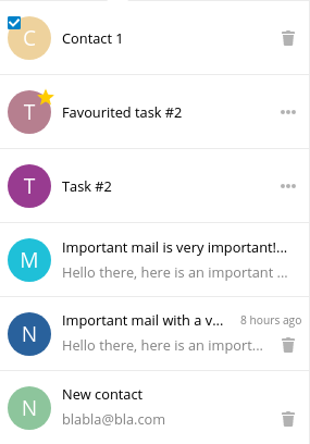 Content list component showing rows of entries with titles, metadata, and action buttons