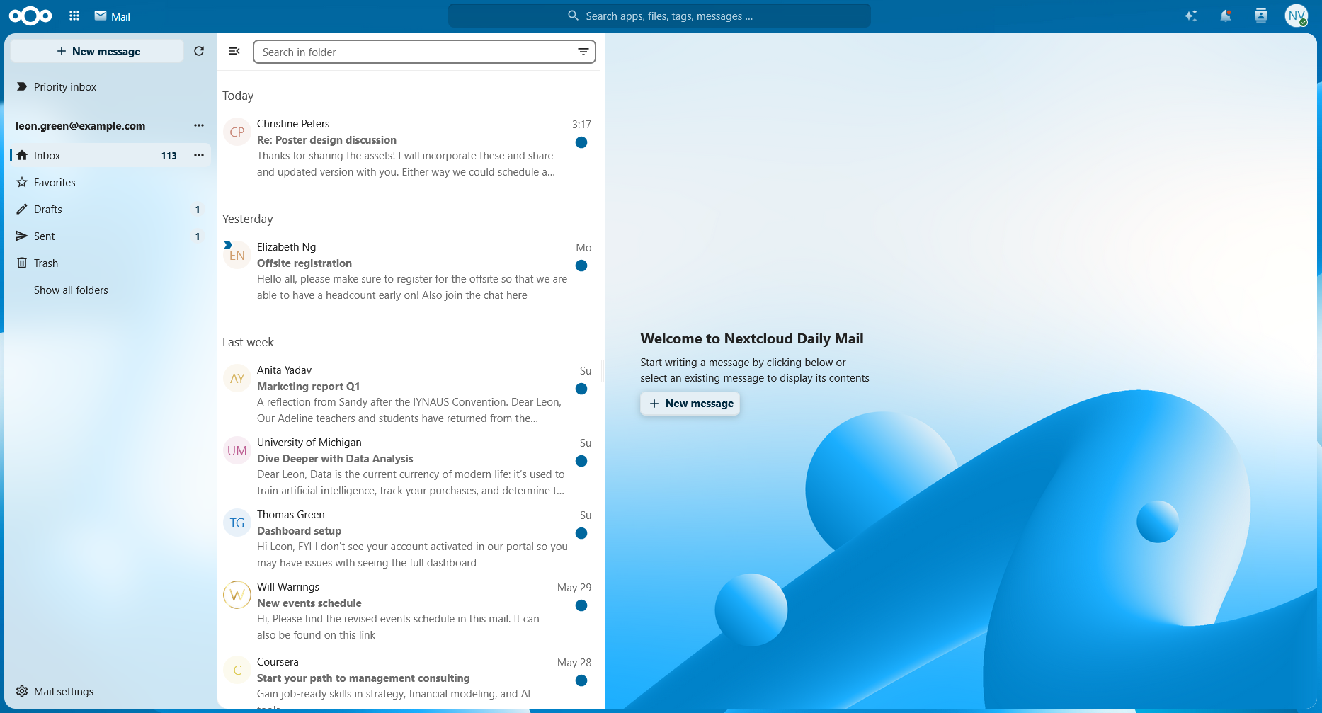 Mail layout with navigation, list and content