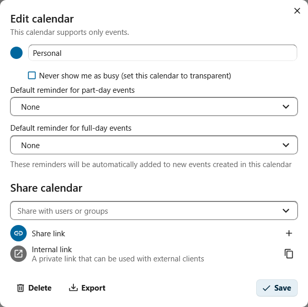 Modal containing settings for a calendar