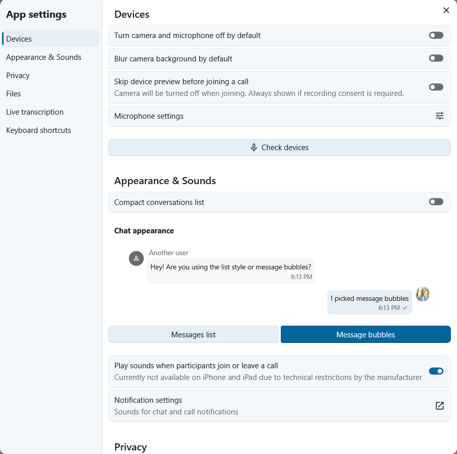 Settings in Talk