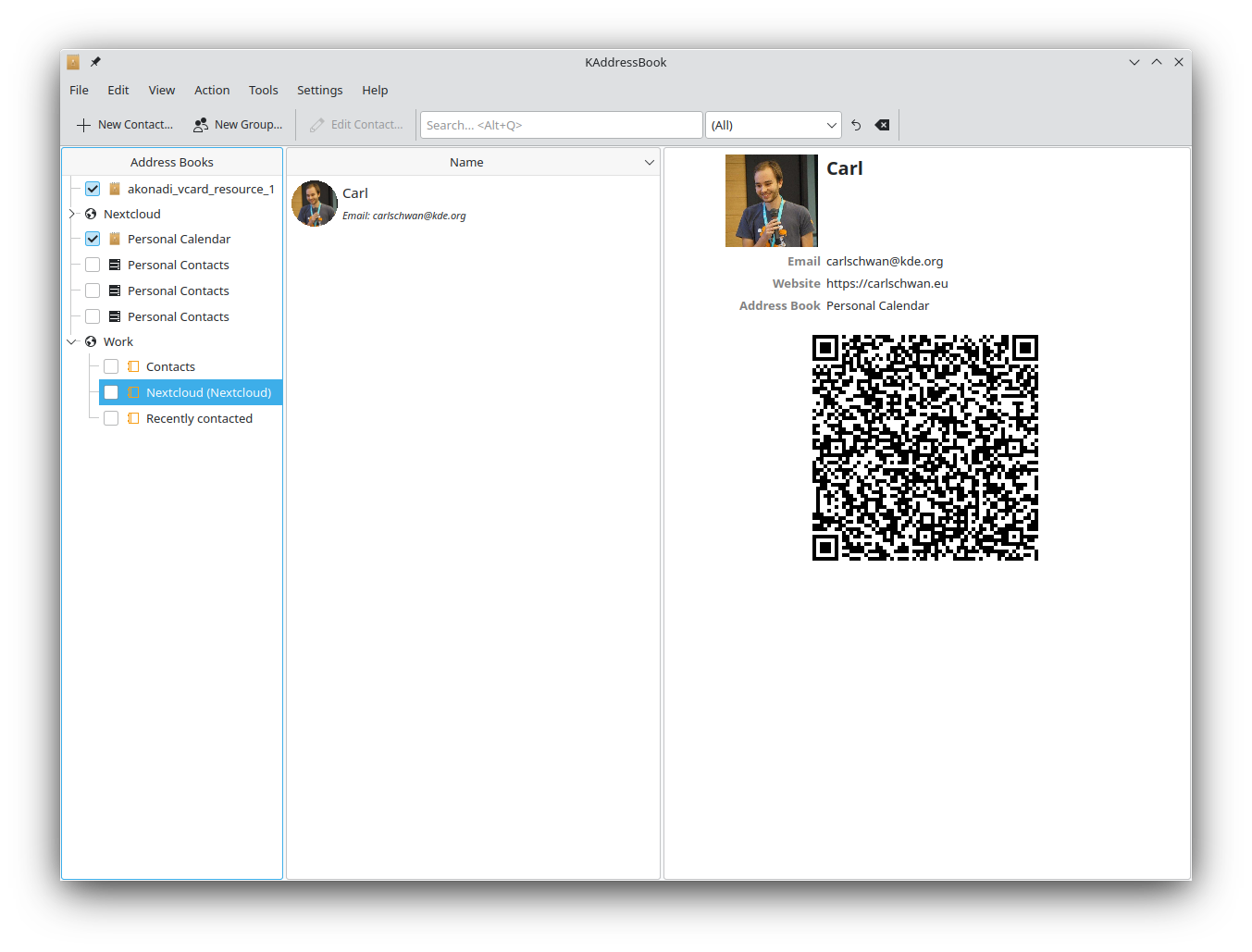 KAddressBook contacts application showing synchronized Nextcloud contacts