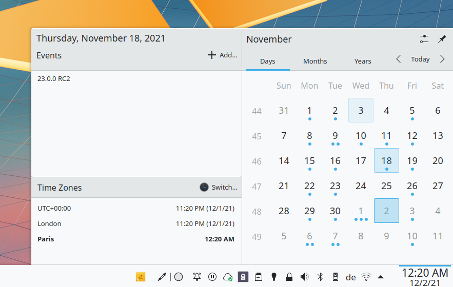 KDE Plasma desktop with Nextcloud calendar events in the system calendar widget