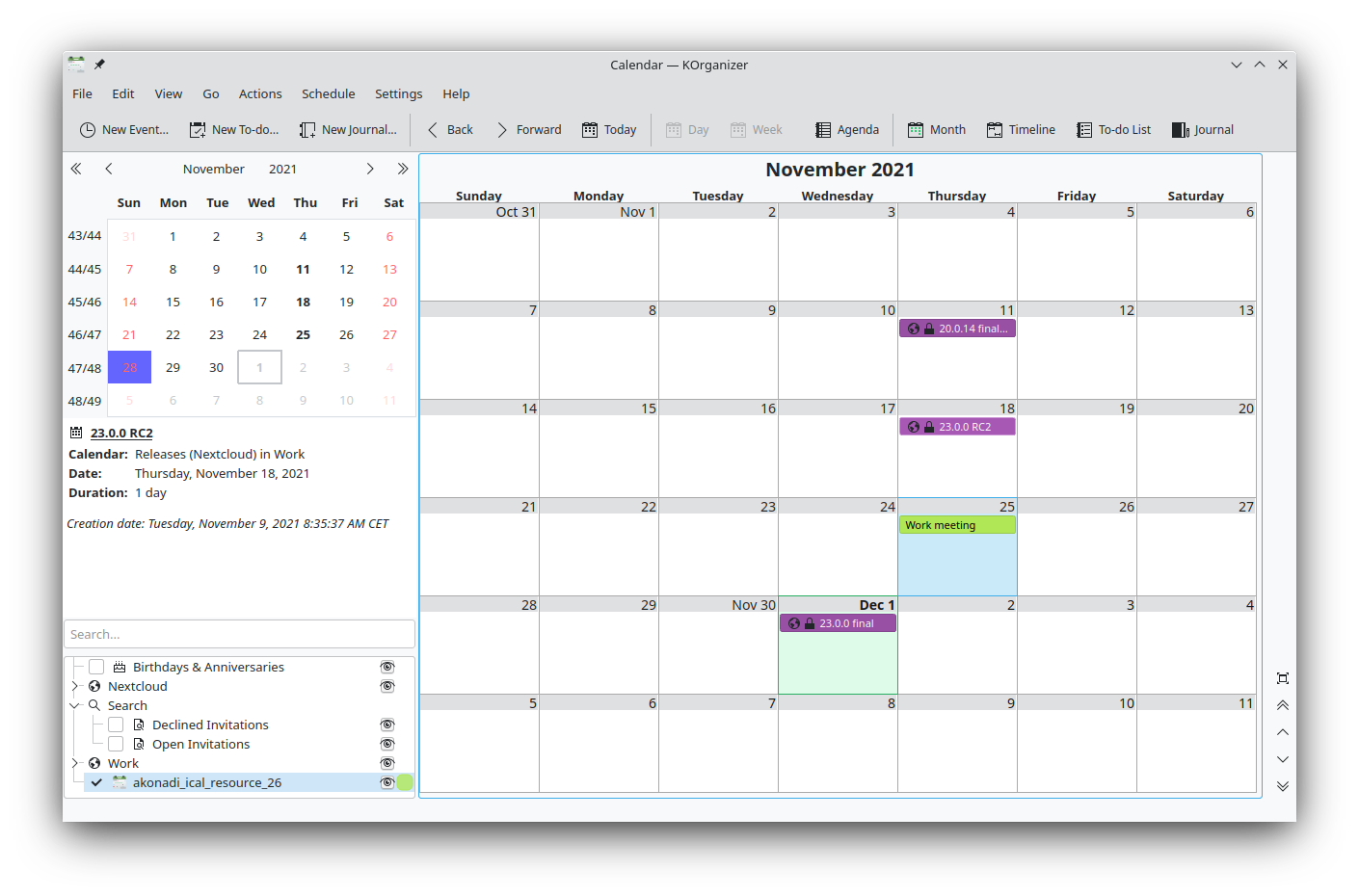 KOrganizer calendar application showing synchronized Nextcloud events