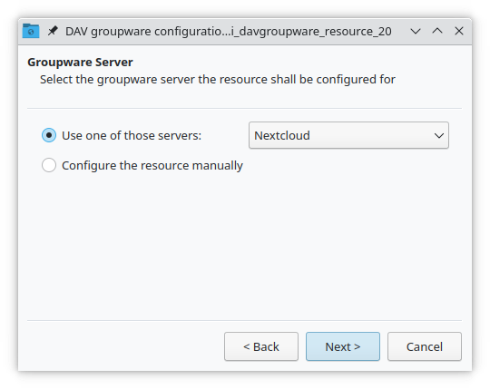 KOrganizer groupware server selection showing Nextcloud option