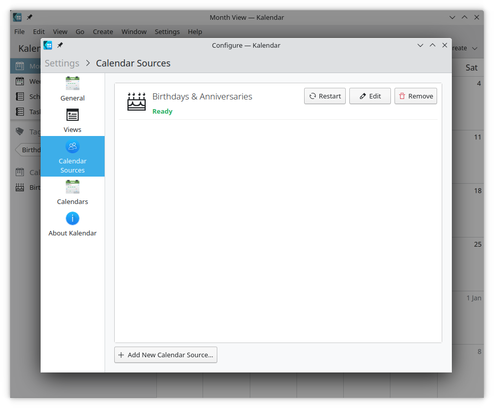 Kalendar settings menu showing Add Calendar option