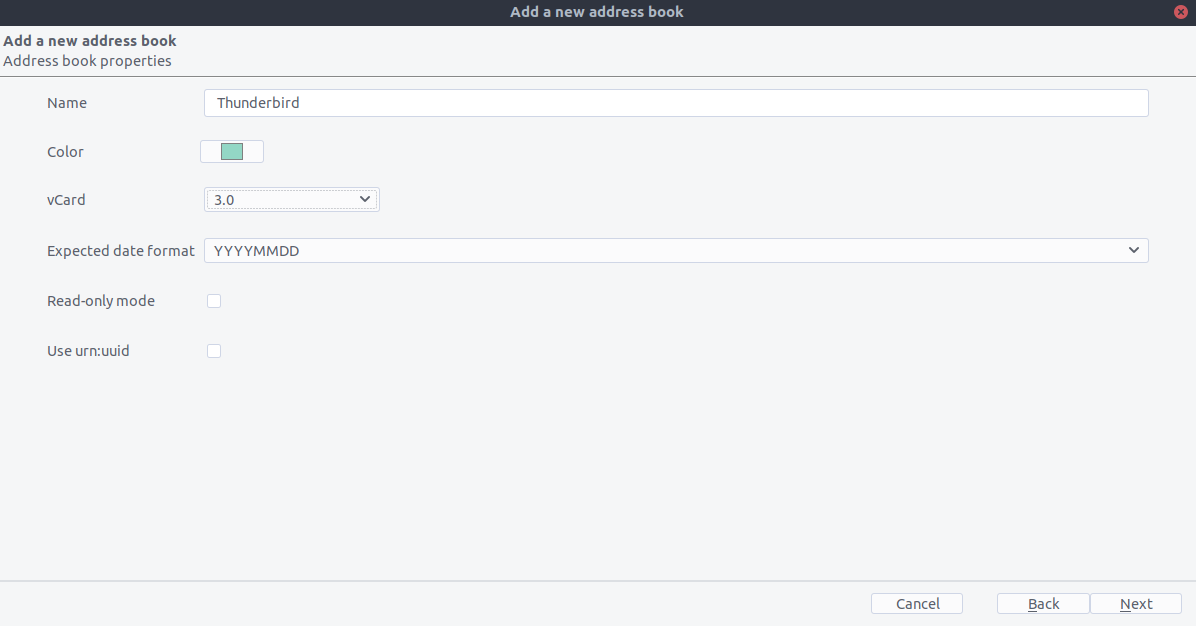 CardBook dialog to enter a name for the new address book