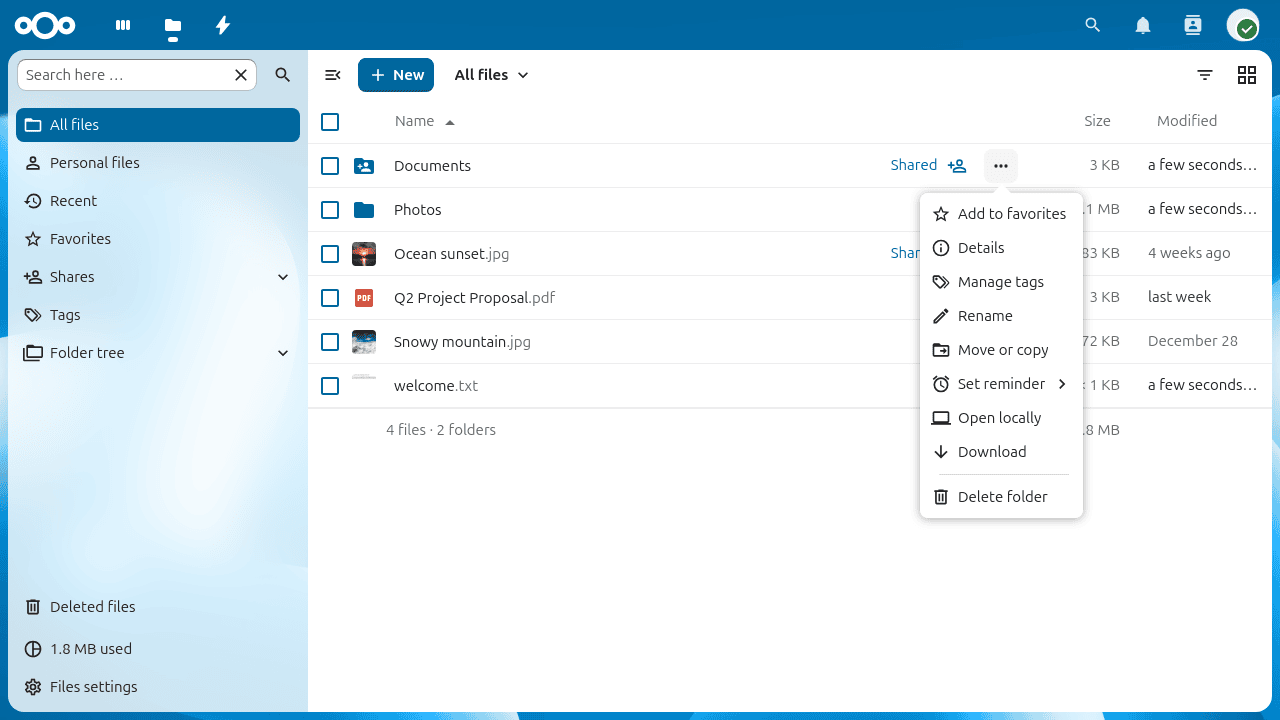 A file row with the actions menu open.