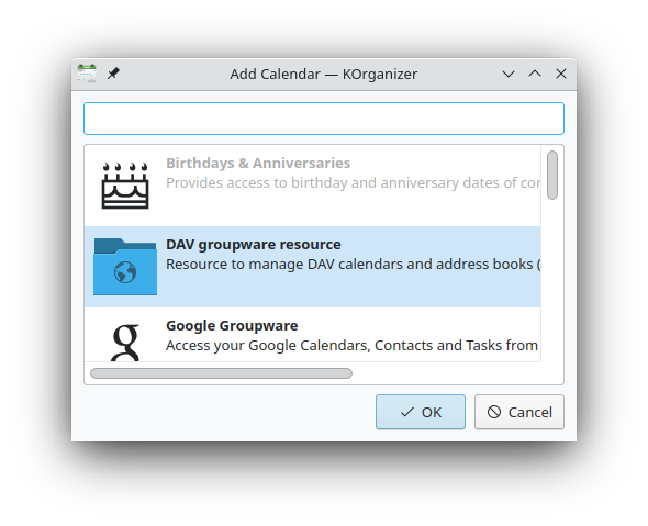 KOrganizer resource type list with DAV groupware resource selected