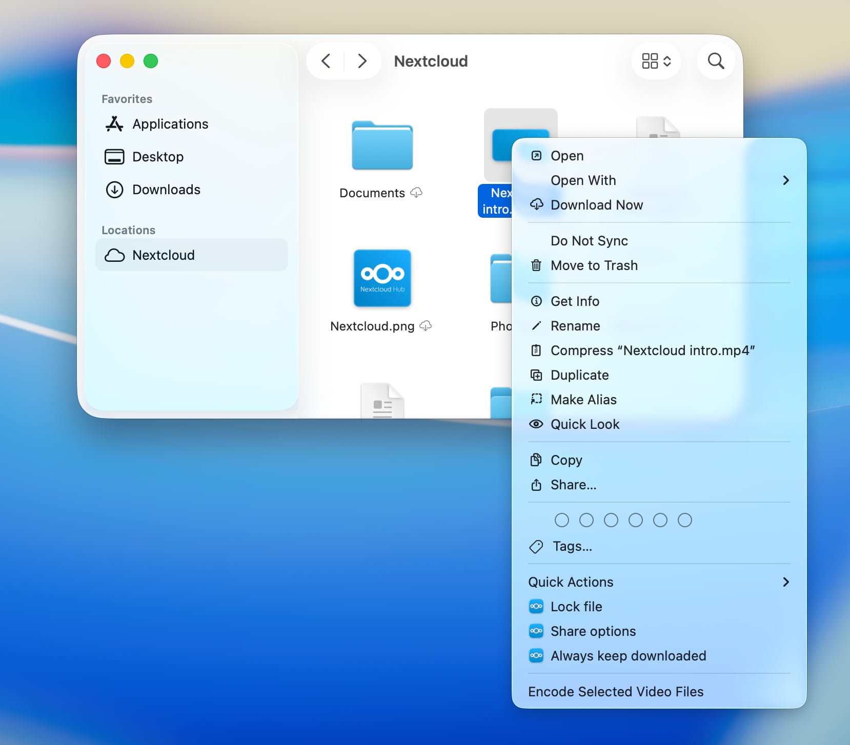 macOS Finder context menu on a Nextcloud file showing Keep Downloaded, Lock, and Share options