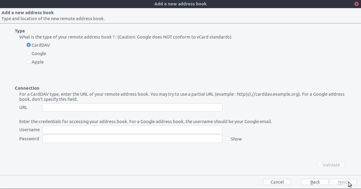 CardBook new address book dialog with CardDAV option selected