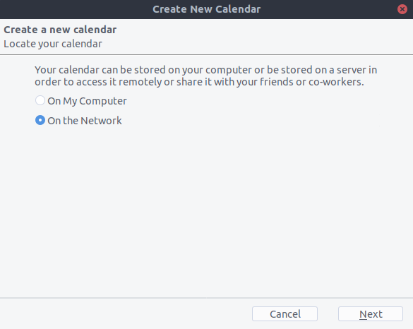 Thunderbird new calendar dialog with "On the network" option selected