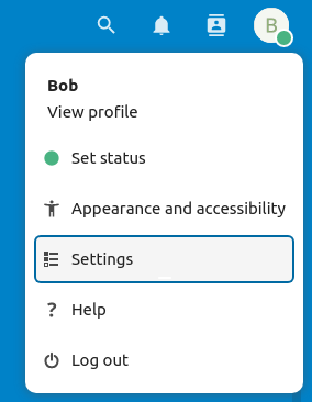 Nextcloud account menu showing Settings, Help, and Log out options
