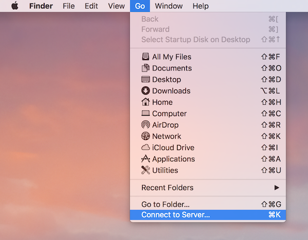 macOS Go menu with Connect to Server option highlighted