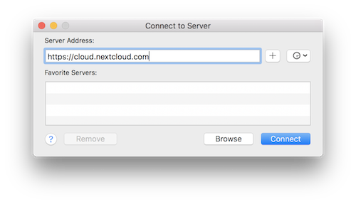 macOS Connect to Server dialog with a Nextcloud WebDAV URL in the Server Address field