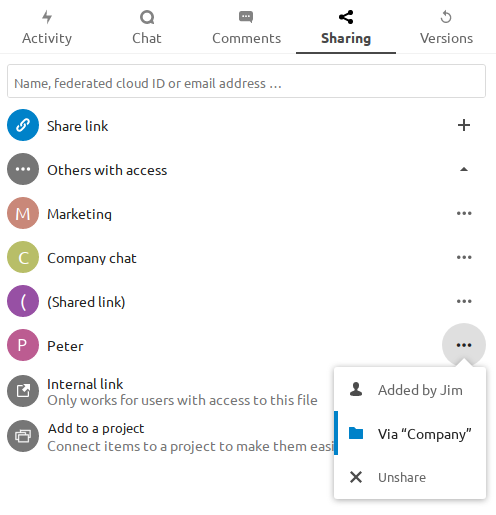 Others with access panel, expanded with user details.