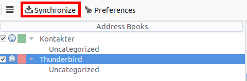 CardBook address book view with Synchronize button