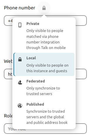 Visibility scope dropdown on a personal information field with Private, Local, Federated, and Published options