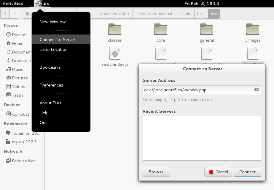 GNOME Nautilus file manager Connect to Server dialog with a Nextcloud WebDAV address entered