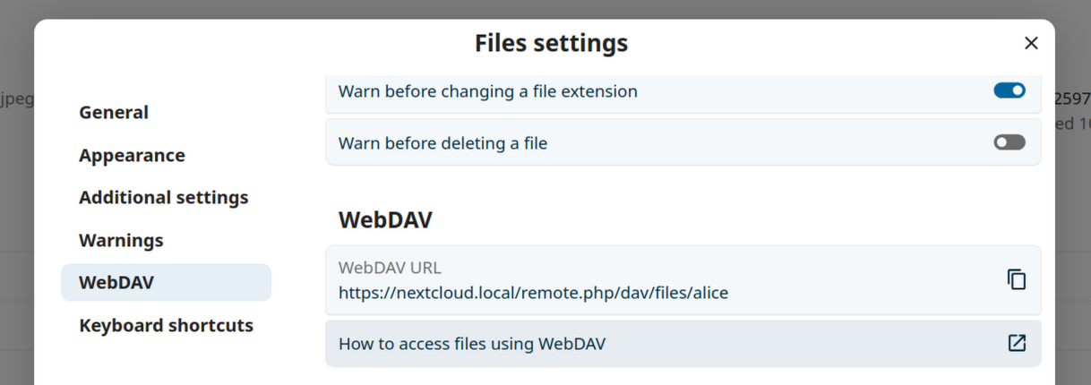 Nextcloud Files settings panel showing the personal WebDAV URL