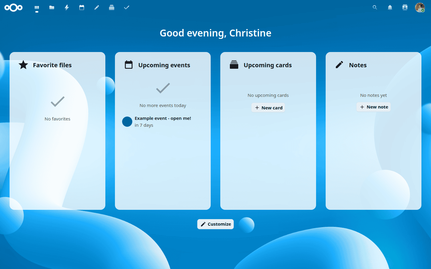 The Nextcloud Dashboard showing a personalised greeting and widgets.